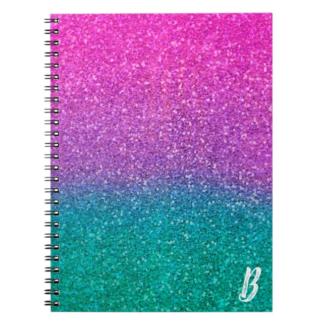 Caderno Espiral Brilho Rosa Azul Turquesa e Roxo (Frente)