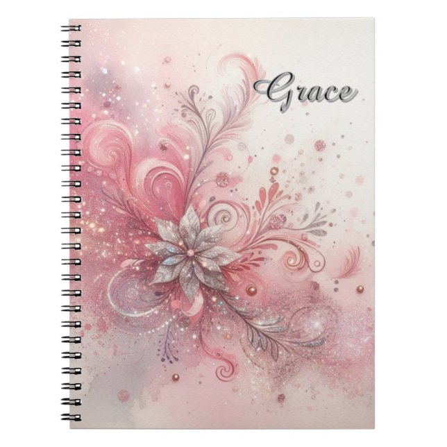 Caderno Espiral Brilho Rosa Prata Flor Personalizada   (Frente)