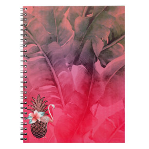 Caderno Espiral Brilho Tropical Rosa Folhas de Palmeira de Abacaxi