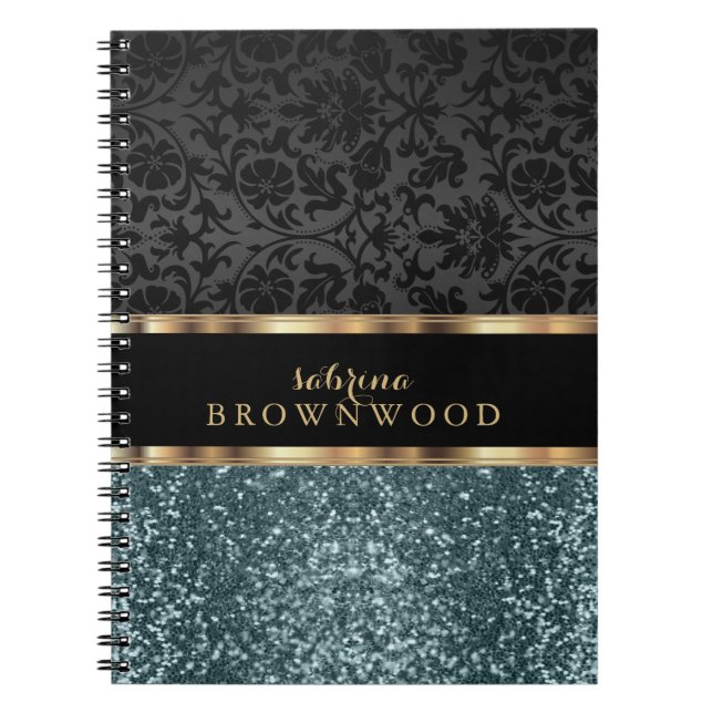 Caderno Espiral Brilho Turquesa e Damasco Preto (Frente)