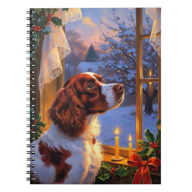 Caderno Espiral Brittany Spaniel com Luzes de Natal Feriado (Frente)