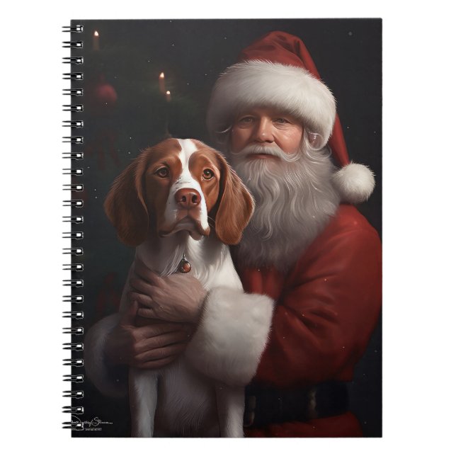 Caderno Espiral Brittany Spaniel Com Papai Noel Natal (Frente)