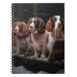 Caderno Espiral Brittany Spaniel Neve Trenó Natal Decoração