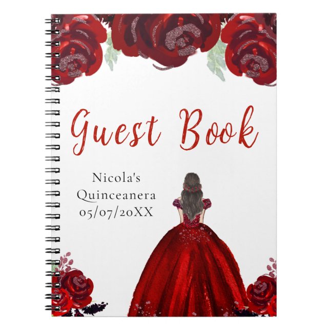Caderno Espiral Brown Hair Princess Red Quinceanera Guest Book (Frente)