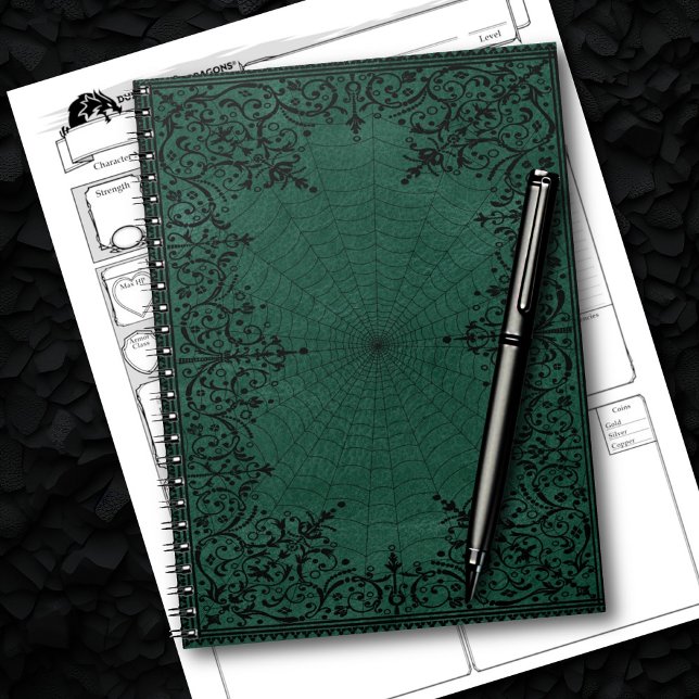 Caderno Espiral Bruxa-Aranha | Emerald Green Spiderweb Floured (Criador carregado)