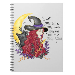 Caderno Espiral Bruxa com Gato Negro e Lua Crescente