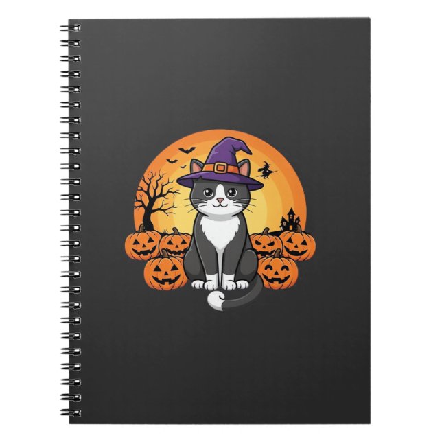 Caderno Espiral Bruxa de Halloween Gato Abóbora Lua Design_1 (Frente)