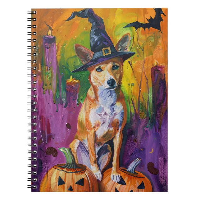 Caderno Espiral Bruxa e Abóbora de Halloween do Assustador Basenji (Frente)