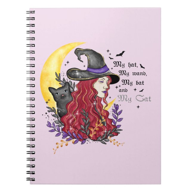 Caderno Espiral Bruxa, Gato Negro e Lua Crescente (Frente)
