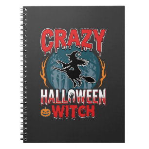 Caderno Espiral Bruxa Louca de Halloween Voaando na Vassoura Desen