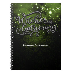 Caderno Espiral Bruxas Reunindo Damask Verde e Preto Halloween