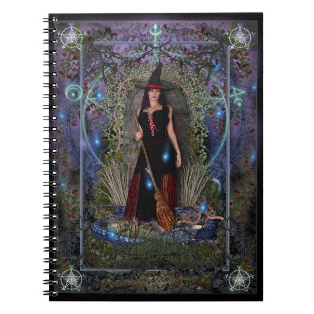 Caderno Espiral Bruxas Spellbook - bruxa & dragão da lua azul (Frente)