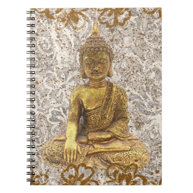 Caderno Espiral Buda Dourado Flores Florais Douradas (Frente)
