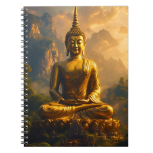 Caderno Espiral Buda Sentado Dourado Sob um Céu de Pôr do Sol