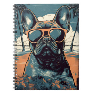 Caderno Espiral Buldogue francês numa praia tropical durante o pôr