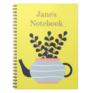 Caderno Espiral Bule de chá moderno simples com pastel de planta