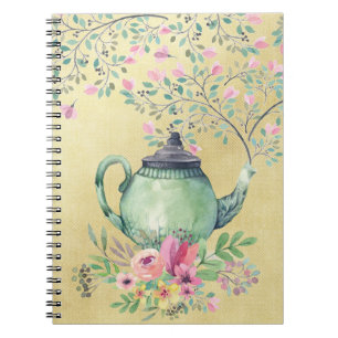 Caderno Espiral Bule elegante e flores da aguarela Dourados