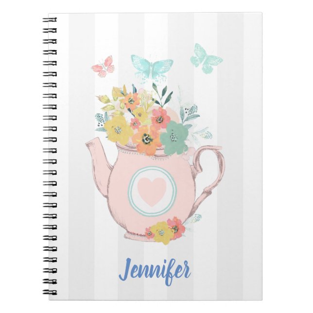 Caderno Espiral Bule rosa com flores e borboletas (Frente)