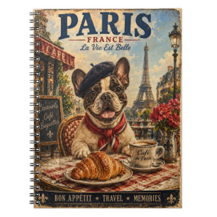 Caderno Espiral Bulldog Francês no Café de Paris – Arte de Viagem