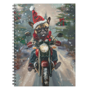 Caderno Espiral Bulldog Francês Pilotando Motocicleta Natal