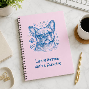 Caderno Espiral Bulldogue Francês blue lineart doodle frenchie ros