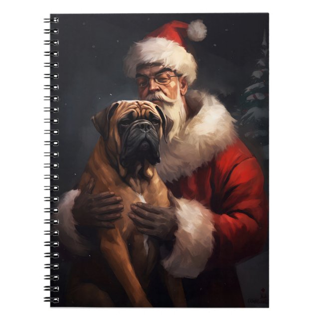Caderno Espiral Bullmastiff Com Papai Noel Natal Festivo (Frente)
