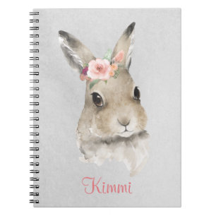Caderno Espiral Bunny Rabbit Watercolor Nome Floral Cinza