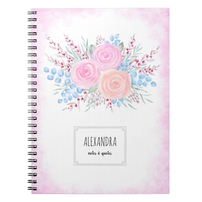 Caderno Espiral Buquê Cor-de-Água Rosa Rosas Azuis Folhas Caindo (Frente)