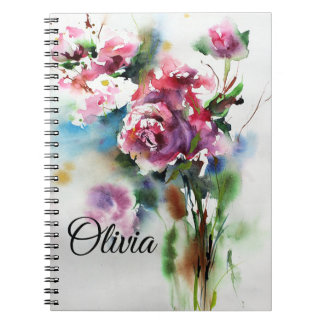 Caderno Espiral Buquê de Aquarela de Flores Rosa