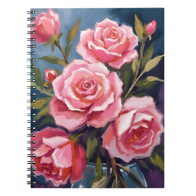 Caderno Espiral Buquê de Rosa Rosa Bege Pintado (Frente)