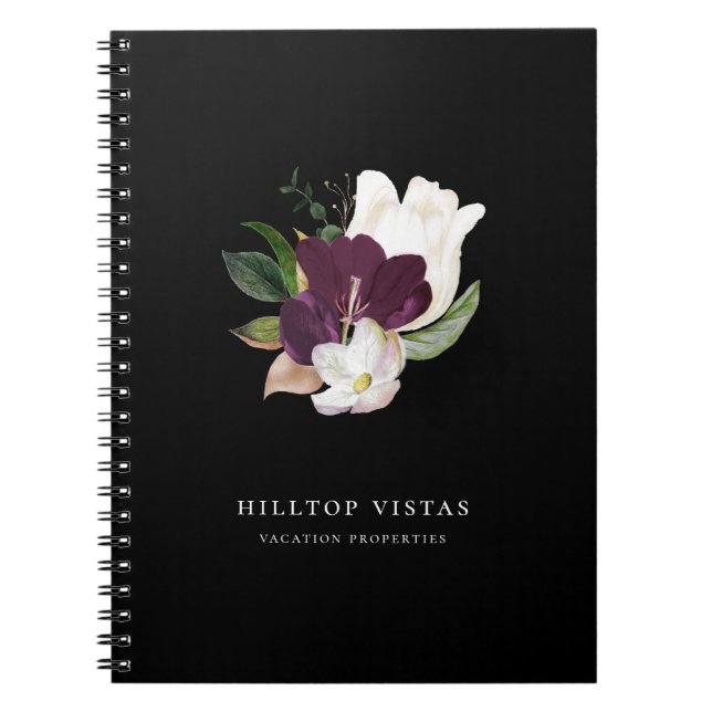 Caderno Espiral Buquê Floral Roxo Marfim Moderno Preto (Frente)