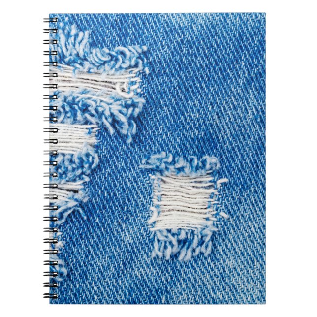 Caderno Espiral Buraco nos Jeans Denim. Azul torno destruído (Frente)