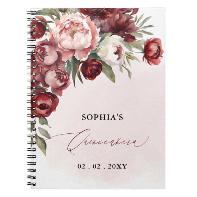 Caderno Espiral Burgundy Blush Floral Quinceañera (Frente)