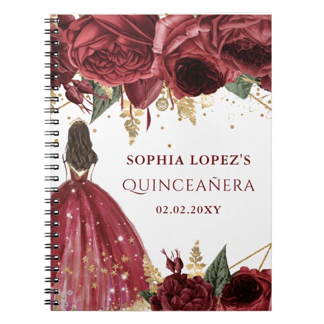 Caderno Espiral Burgundy Dourada Princesa Floral Quinceanera (Frente)
