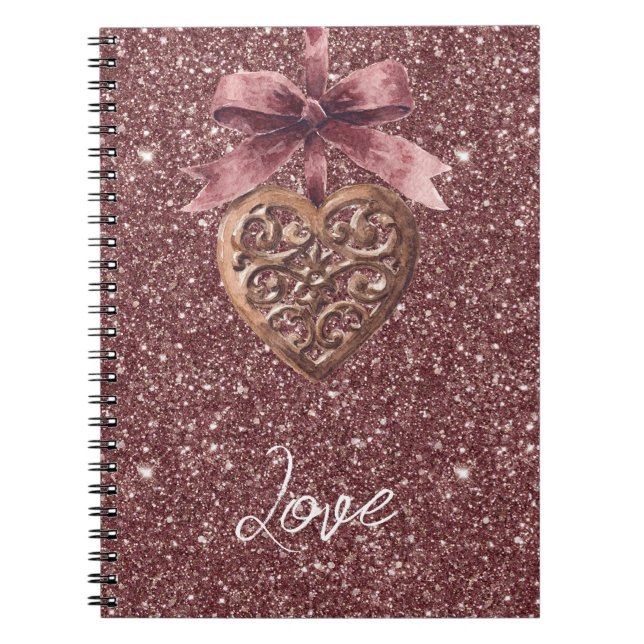 Caderno Espiral Burgundy Glitter Bow Heart (Frente)