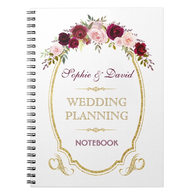 Caderno Espiral Burgundy Marsala Planner Floral Casamento outono (Frente)
