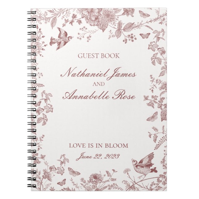 Caderno Espiral Burgundy Toile De Jouy Floral Casamento Livro de C (Frente)