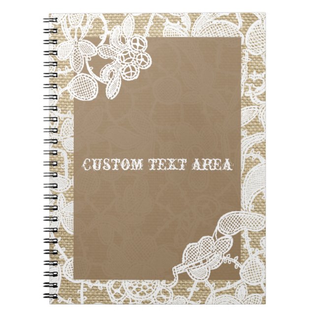 Caderno Espiral Burlap & White Floral Lace Elegante Diário Russo (Frente)