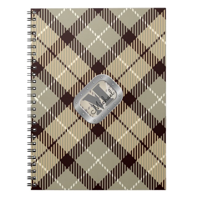 Caderno Espiral Burlywood Grey Tartan Metallic Monogram Script (Frente)
