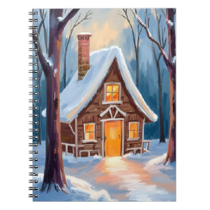 Caderno Espiral Cabana nos bosques invernais nevados Natal