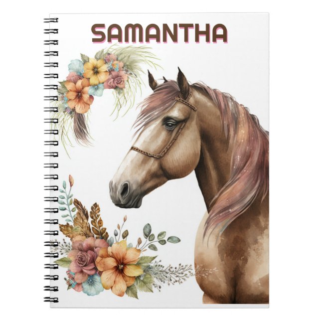 Caderno Espiral Cabeça de cavalo aquarela com flores buquês florai (Frente)