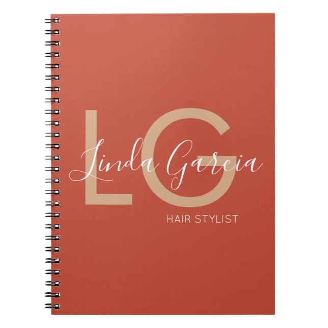 Caderno Espiral Cabelereiro Laranja Queimado Bege Monogramado     (Frente)