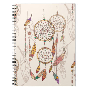 Caderno Espiral Caçador de sonhos boêmico com miçangas e penas,