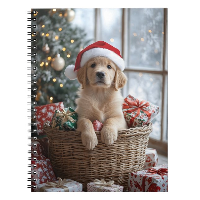 Caderno Espiral Cachorro Adorável com Papai Noel na Cesta (Frente)