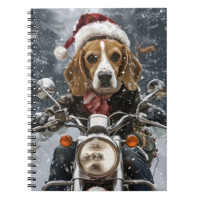 Caderno Espiral Cachorro Beagle Pilotando Motocicleta Natal (Frente)