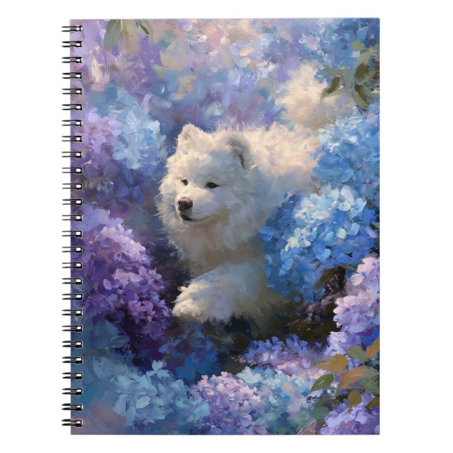 Caderno Espiral Cachorro Branco Fluffy no Bloco de Notas do Jardim (Frente)