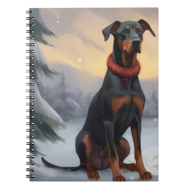 Caderno Espiral Cachorro Doberman no Natal da Neve (Frente)