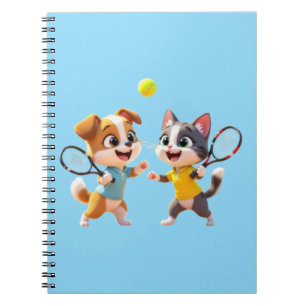 Caderno Espiral Cachorro e Gato de Desenho Animado Fofo Jogando Pa