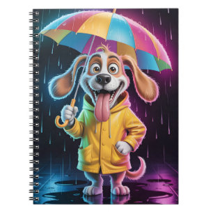 Caderno Espiral Cachorro em Casaco Amarelo com Guarda-chuva Arco-í