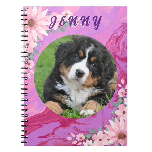 Caderno Espiral Cachorro Fofo de Volta às Aulas Aquarela Floral Ro (Frente)